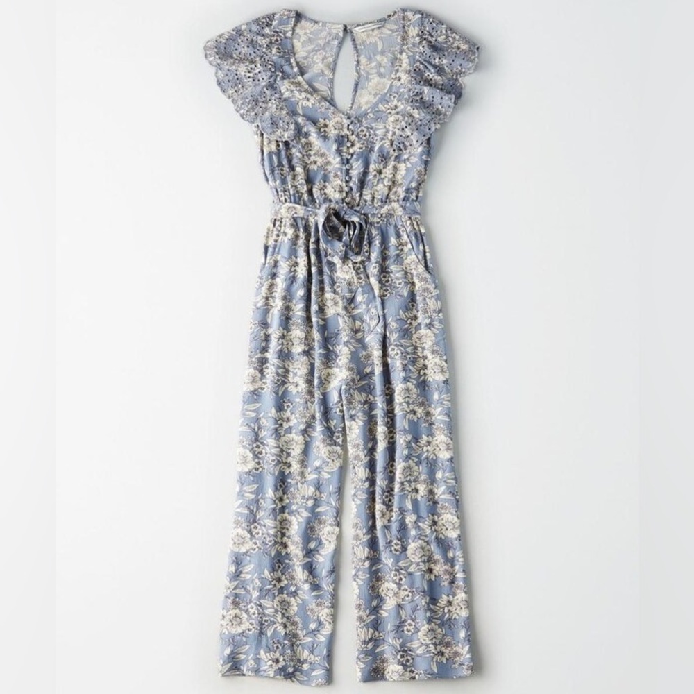 AEO Light Blue Cropped Floral Flutter Sleeve Jumpsuit